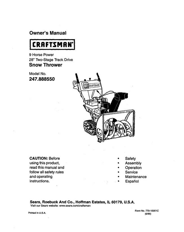 Model 247.888550 | Owner’s Manual Sears Craftsman 9.0 Hp Snow Thrower ...