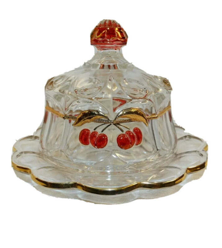 MOSSER GLASS MINI NORTHWOOD CHERRY & CABLE COVERED BUTTER DISH