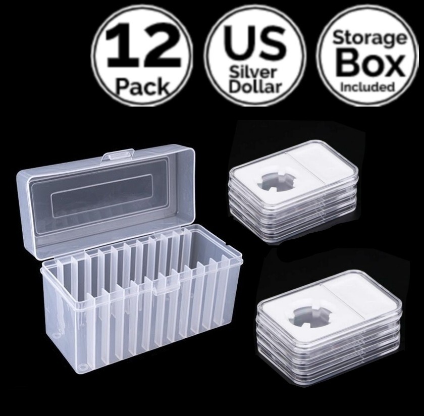 12 Pack 1.5 IN 38mm Slab Coin Snap Holder w/ Slot Storage Box 4 US Silver Dollar
