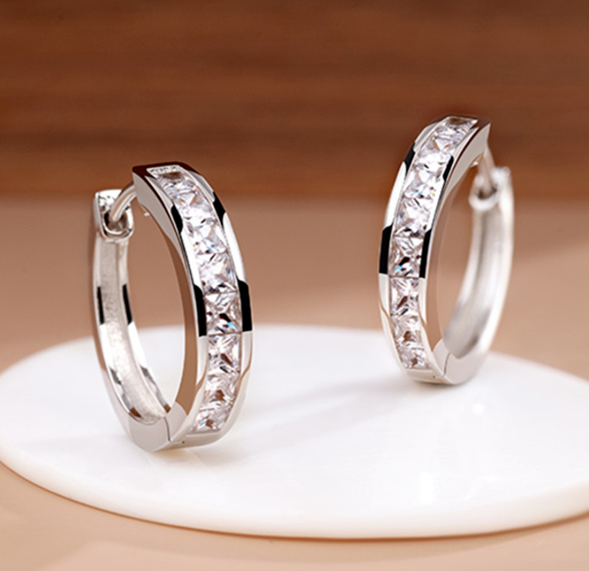 925 Sterling Silver Plated Square Cz Huggie Hoop Earrings Women Men