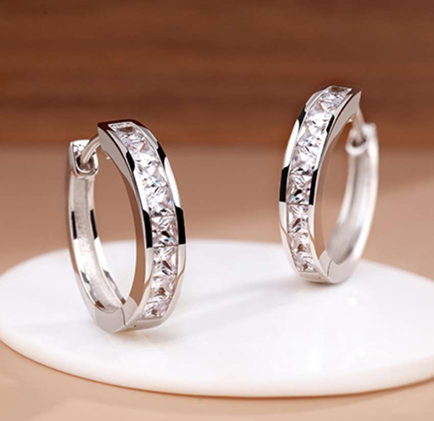 Women 925 Sterling Silver Plated Square CZ Round Huggie Hoop Earrings 16mm PE28
