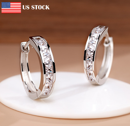 925 Sterling Silver Square Cz Huggie Hoop Earrings 12mm Women Men Gift 1 Pair US