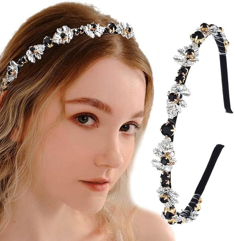 Thin Rhinestones Headbands Black Crystal Hair Bands Boho Silver Leaf Head Bands