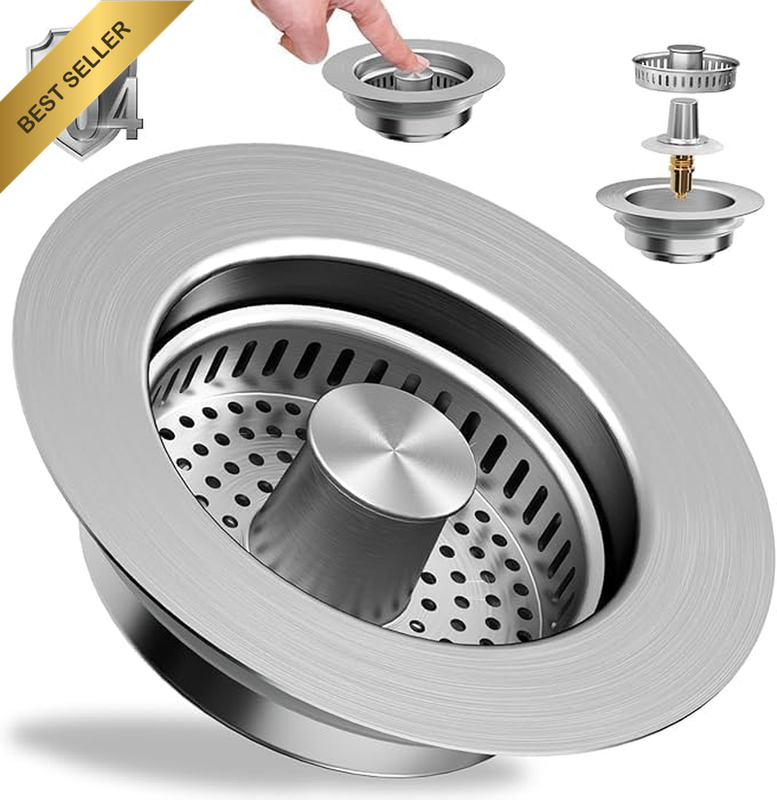 3 in 1 Kitchen Sink Drain Strainer and Stopper, 304 Stainless Steel Metal Pop up