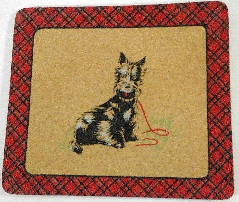 3 vintage cork trivets black scotty dogs red plaid border 7.5x6.5 & 9.5x7.5