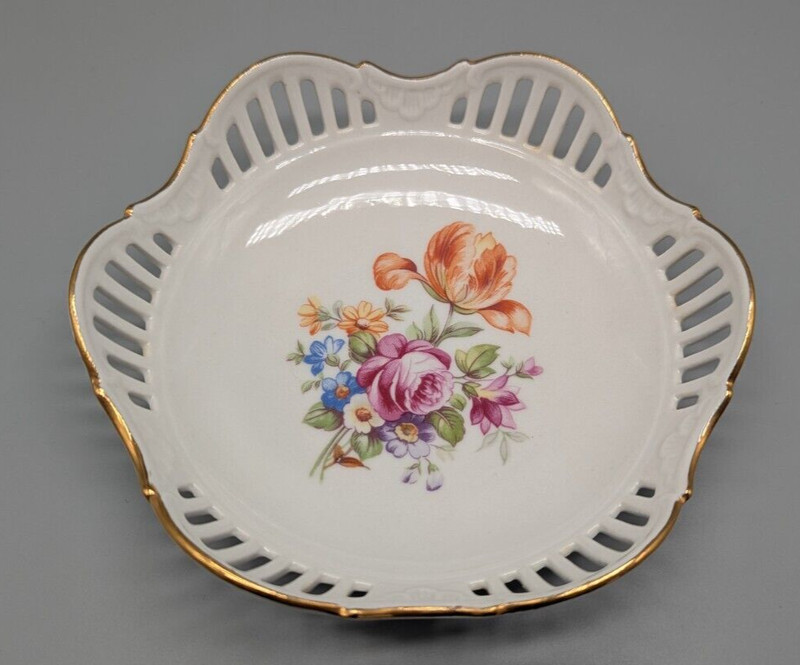 Wallendorf Wagner & Apell 1877 Gdr Durchbruchschale Bunte Blumen Goldrand 13cm