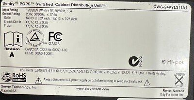 Server Tech Sentry POPs Switched 208v 16A CDU/PDU CWG-24VYL311A1