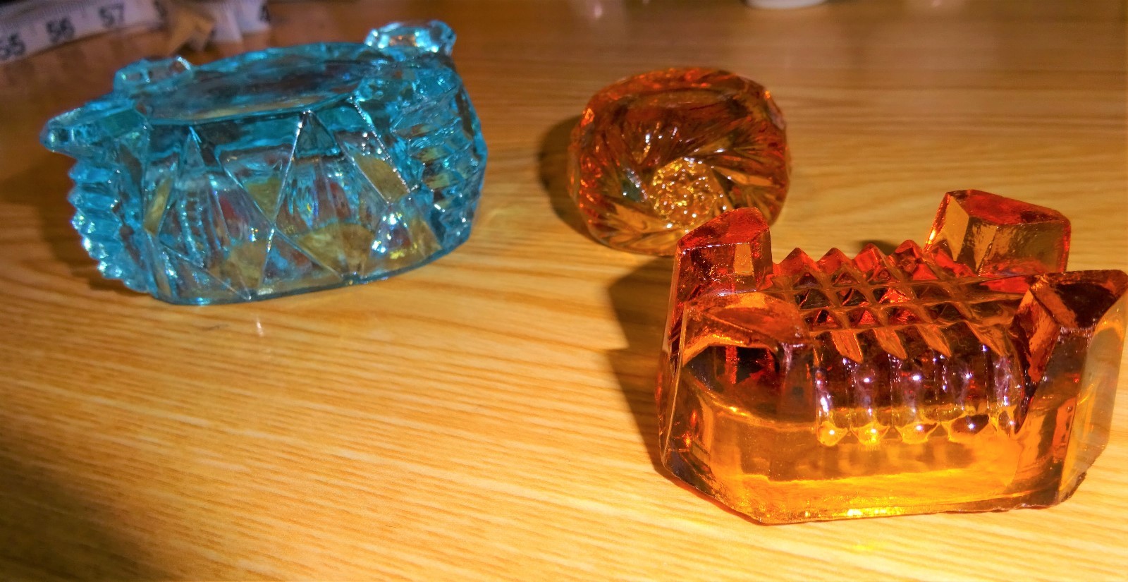 Lot of 3 vintage 2 orange, 1 blue salt cellars, all 11/2