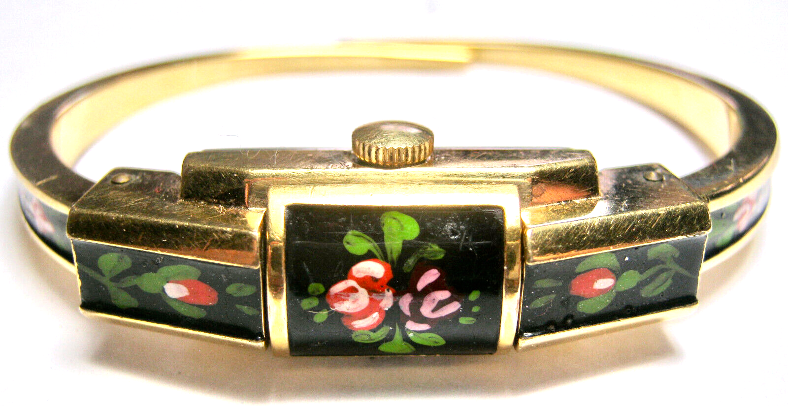 Fond Acier Swiss Made 17 Jewels Vintage Watch Goldtone Bracelet Handpainted  Band