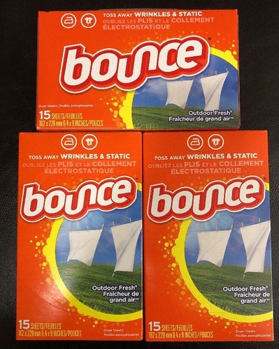 3 NEW Bounce Fabric Softener Dryer Sheets, Outdoor Fresh, 15 Count - 3 Boxes