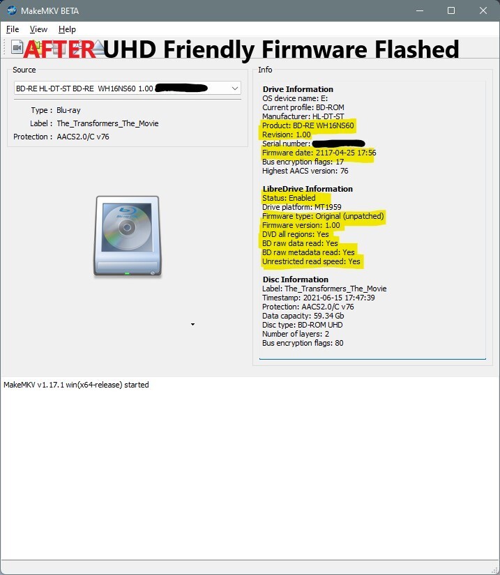 LG WH16NS40 Flashed to WH16NS60 Firmware v1.00 4K UHD FRIENDLY UNLOCKED Discs