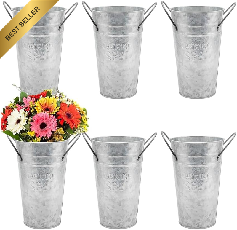 6 PCS Metal Flower Buckets, Silver Vintage Vase, Creative Dried Flower Bucket, B