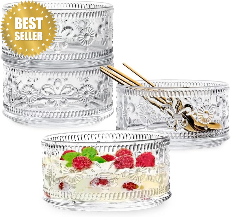 4 Pack Glass Dessert Bowl with Spoon, Ice Cream Yogurt Bowl, Pudding Cups, Small
