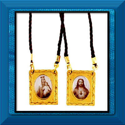 Brown Gold Plated Metal Scapular w/Cord Our Lady Mt Carmel Sacred Heart Jesus