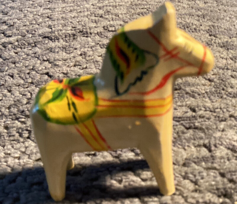 Miniature Hand Painted Yellow Carved Wood Swedish Sweden Dala Horse 2 inches tal