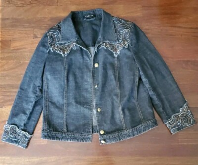 Vintage Escada Black Denim Jacket Embroidered Fringe Sz 44 Medium EUC+ 