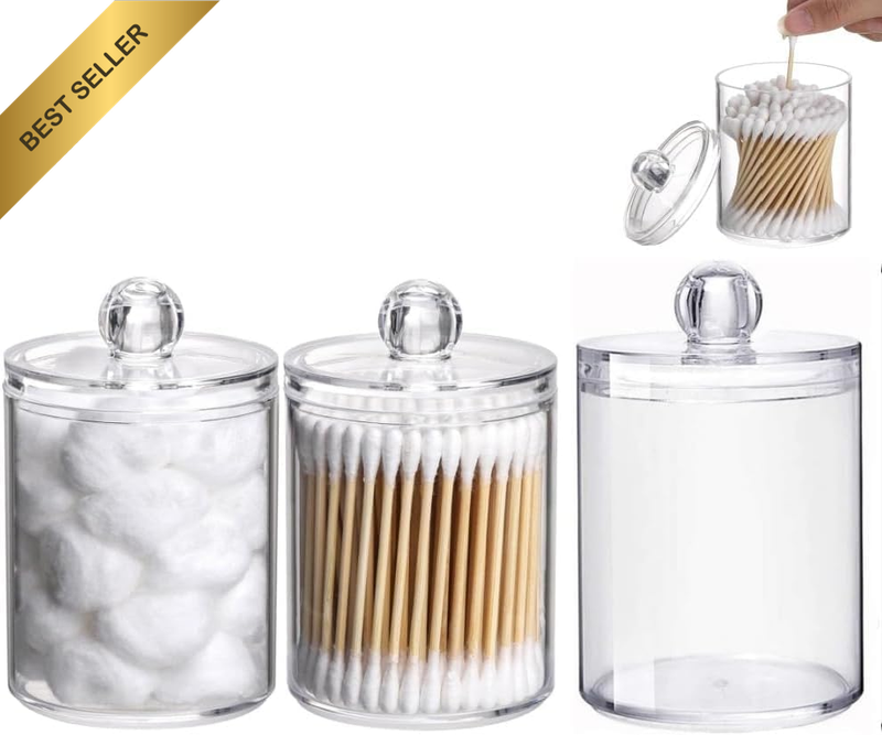 3Pcs Clear Apothecary Jars, 10Oz Plastic Storage Canisters with Lids, Qtip Holde