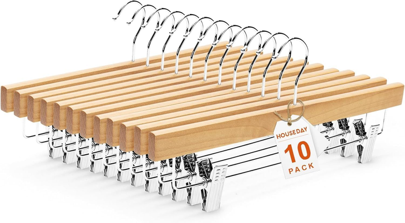 Wooden Pants Hangers with Clips, 10 Pack, Natural Wood Skirt Hangers, Heavy Duty