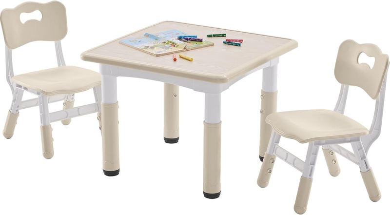 Kids Table and 2 Chairs Set, Height-Adjustable Toddler Table and Chairs Set with Graffiti Desktop, 23.6''L X 23.6''W Children Activity Table for Daycare, Classroom, Home