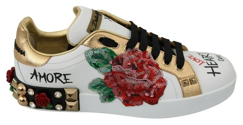 Pre-owned Dolce & Gabbana Dolce&gabbana Women Multicolor Sneakers 100% Leather Floral Sequins Trainer Shoe