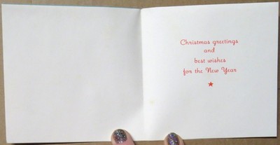 Vintage Christmas Card UNUSED MCM Village Square Houses Lady Dress Man Poodle