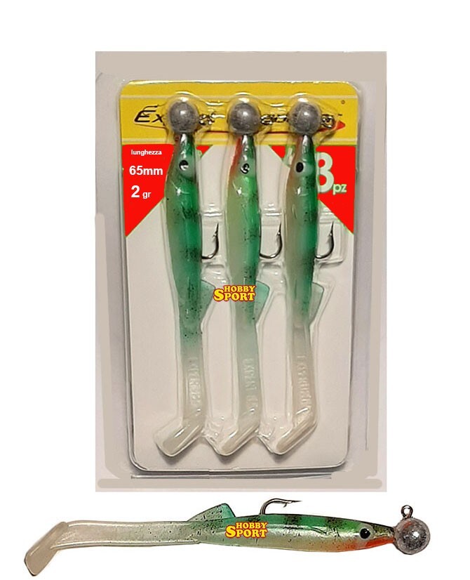 RAGLOU + JIG HEAD 2 gr SGOMBRO 65mm ESCA SILICONICA EXPERT PLASTIC SOFT 3 PZ