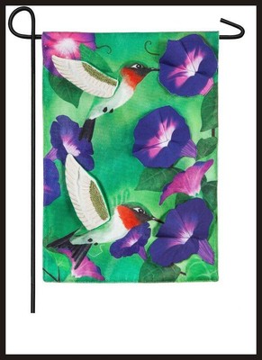  EVERGREEN GARDEN FLAG   MORNING GLORY HUMMINGBIRDS   EMBELLISHED BURLAP   NEW