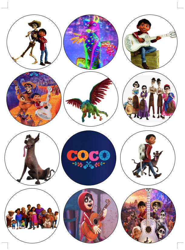 Set of 12 Coco edible paper, cupcake cookie toppers, PRE CUT choose size