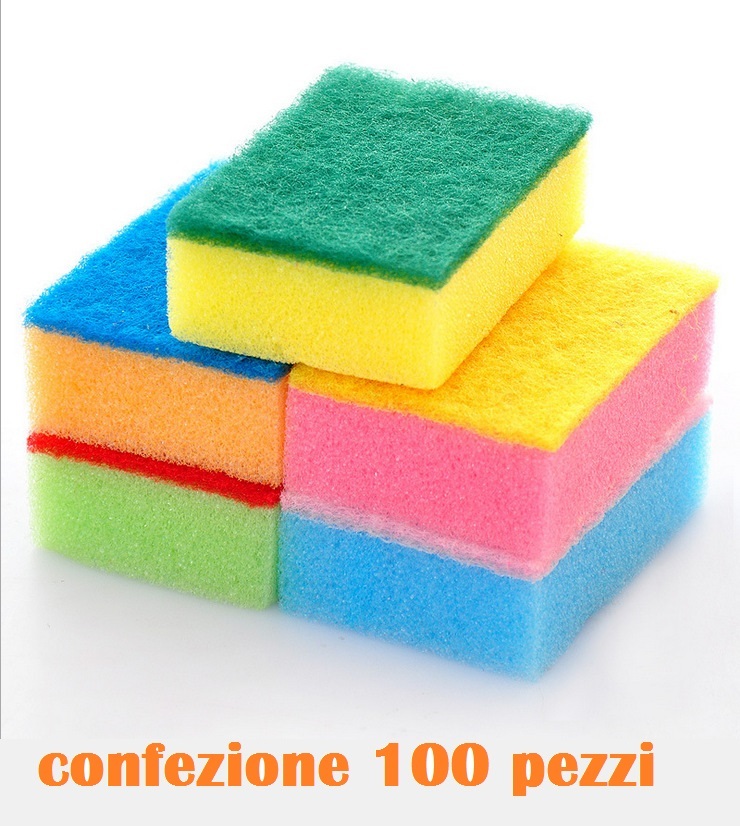 Set 100 Pezzi Spugna Lavaggio Piatti Pentole 2in1 Colorate Cucina Abrasive moc