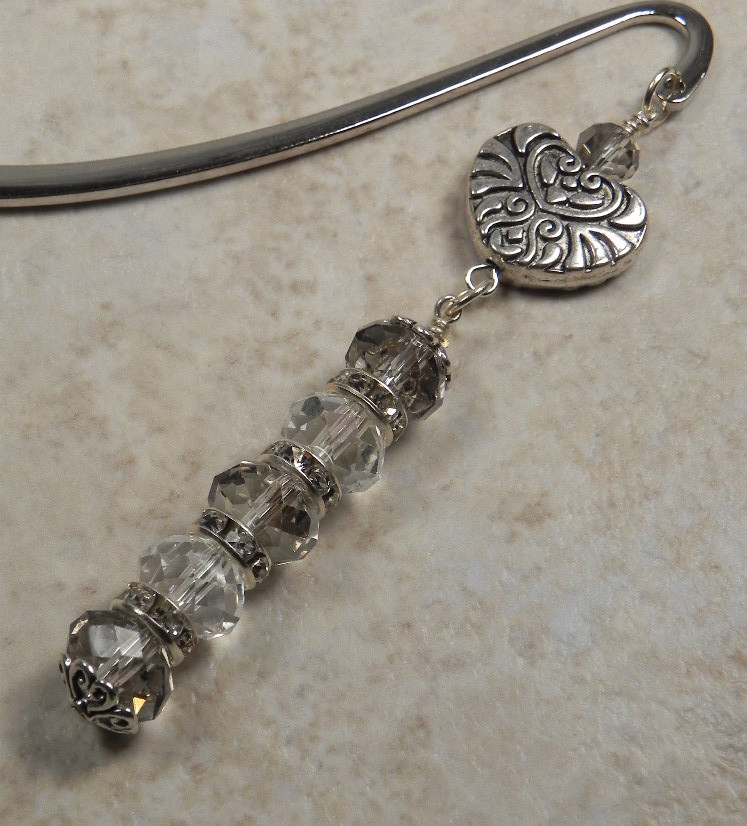 Heart Mini Bookmark Handmade Beaded Crystal Rhinestone Silver 4.5