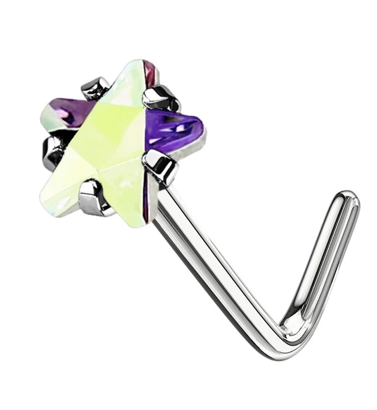 3mm Crystal AB Colour Claw Set Star CZ Nose Stud * Stainless Steel L-Shape Pin
