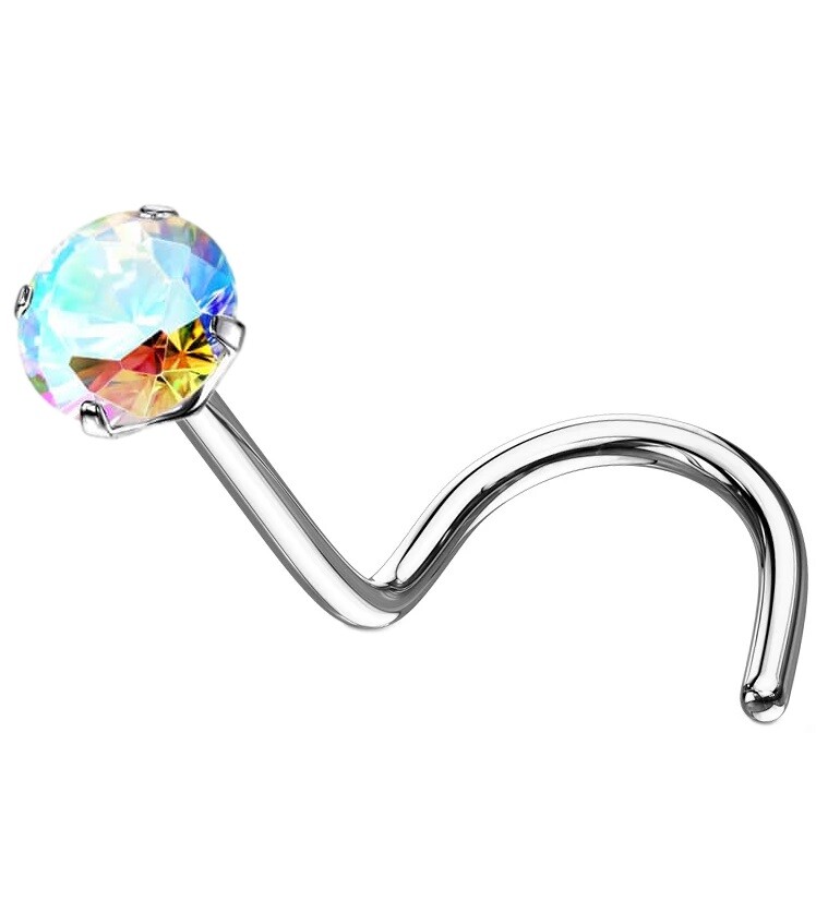 3mm Crystal AB Colour Nose Stud * Claw Set CZ * Stainless Steel Screw Shape Pin