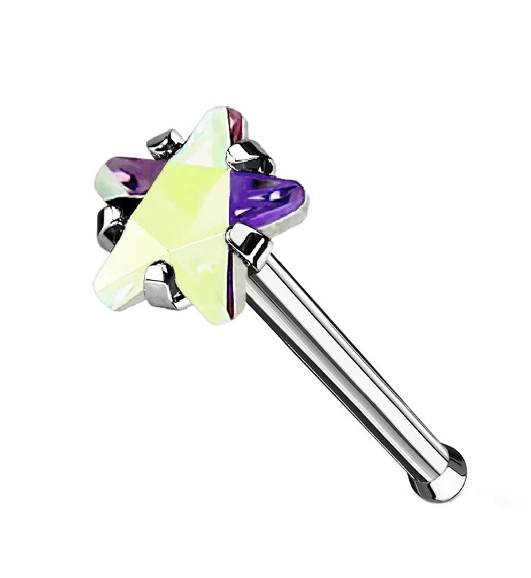 3mm Crystal AB Claw Set CZ Star Nose Stud * Stainless Steel * short ball end Pin