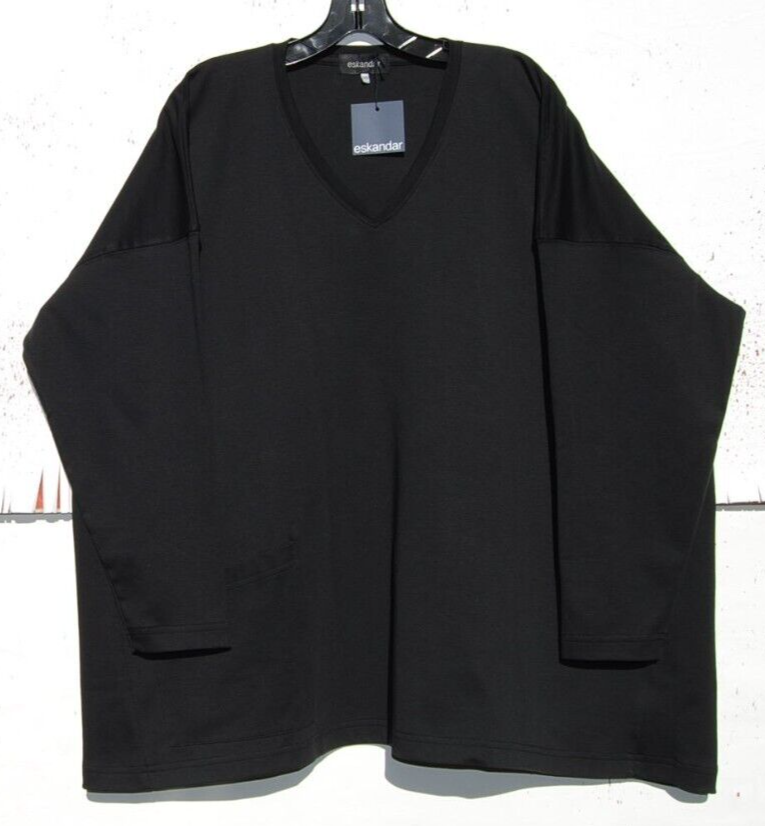 Pre-owned Eskandar Black V-neck Mid Weight Pima Cotton 32" Long Top W/pocket O/s