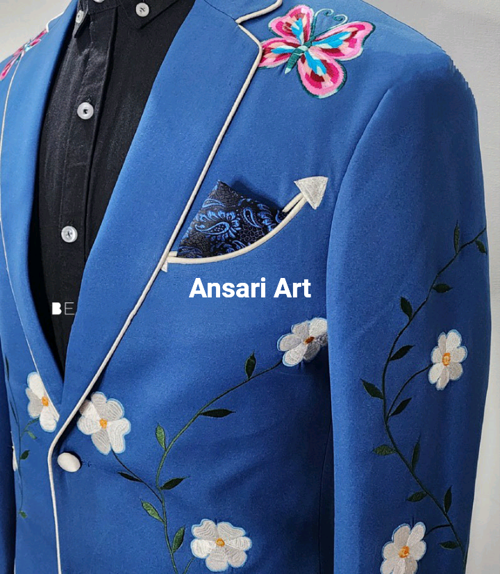 Pre-owned Art Man Blue 2pc Bespoke Handcrafted Country Western Suit Floral Embroidered Outfis