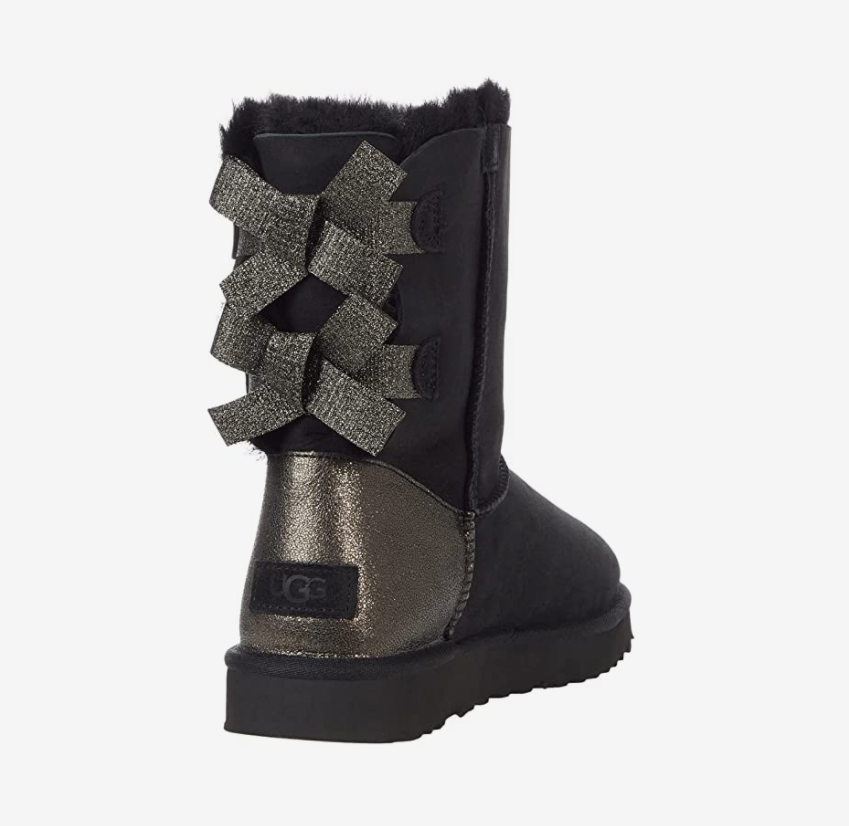 Pre-owned Ugg Bailey Bow Glitz Genuine Shearling Flat Boots Black Twinface Sheepskin Sz 10
