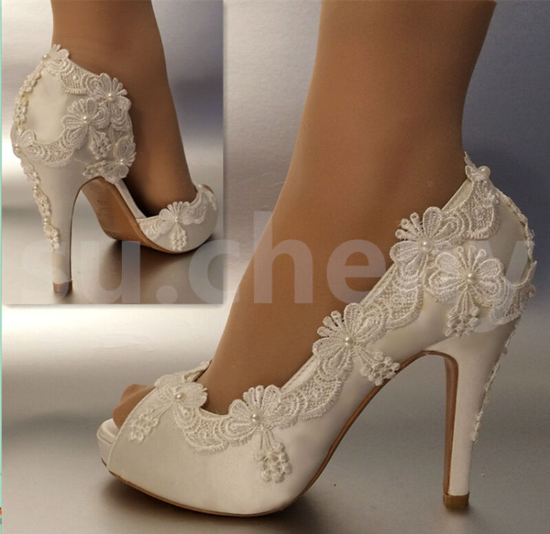 su.cheny 3" 4" heel satin white ivory lace pearls open toe Wedding bridal shoes