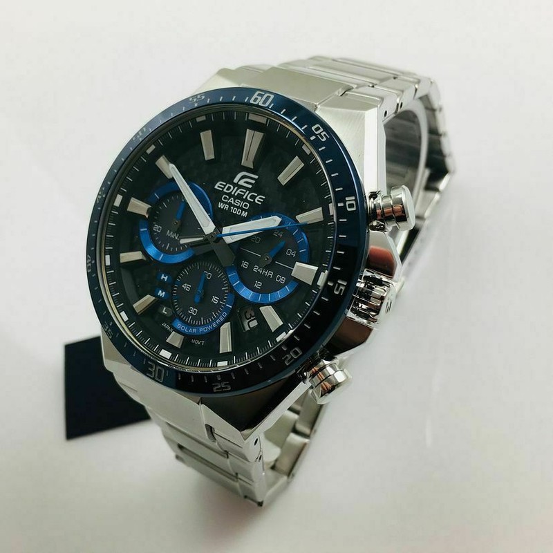 Pre-owned Casio Edifice Solar Powered Carbon Fiber Dial Stainless Steel Band Eqs-800cdb-1b