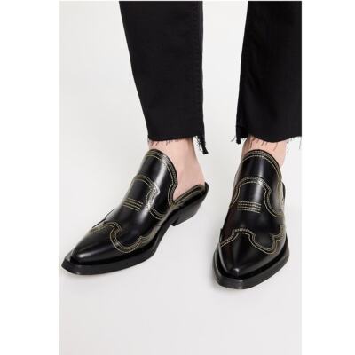 【送料&関税込】Ganni Western Mules Ganni Western Stitching Heeled Mules Calfskin Leather