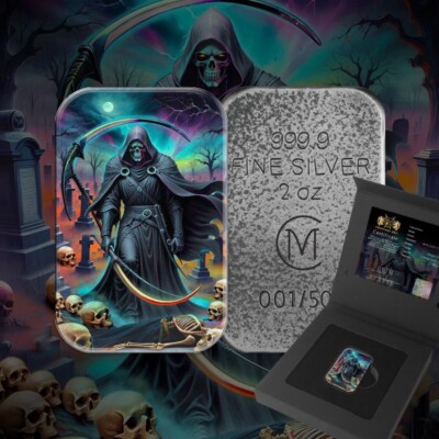 Carpathian Grim Reaper 2 oz .999 Silver Antiqued Colorized Cast Bar Box w/ COA