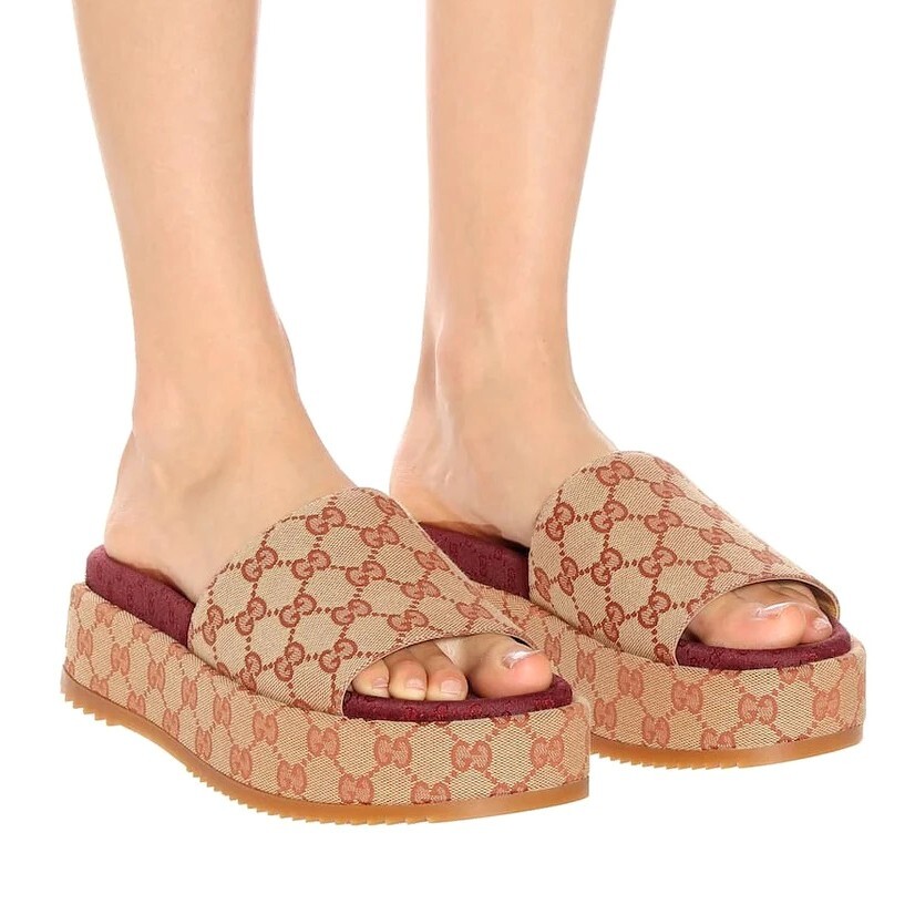 Pre-owned Gucci Angelina Gg Beige Monogram Platform Slide Sandals Size Eu 38 Us 8