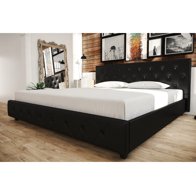 Black Faux Leather King Size Platform Bed Frame Tufted Headboard Cabecera Cama