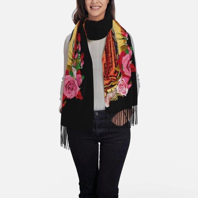 Our Lady Guadalupe Women’s Shawl Wrap Scarf Roses Black Virgen de Guadalupe Chal