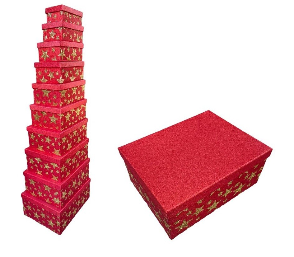 Set 10 Pezzi Scatole Box Per Regali Varie Misure Matrioska Rosse Stelle bal
