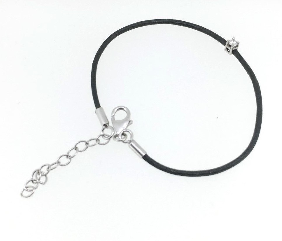 Pre-owned Kgm Diamonds Solitaire Natural Diamond Bracelet 0.06 Ct White Gold 18k Gray Leather Birthday In F