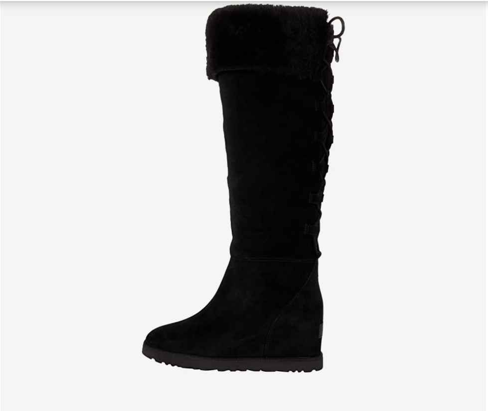 Pre-owned Ugg Classic Femme Genuine Shearling Lace Boots Over-knee Wedge Black Suede Sz 10