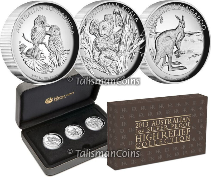 Australia 2013 High Relief Piedfort 3 Coin Silver Proof Set Kangaroo Koala Kooka