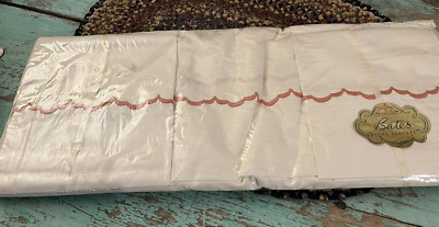 VTG Bates Comb Percale Full Sheet  White Pink Trim 2 Pillow Cases, NOS
