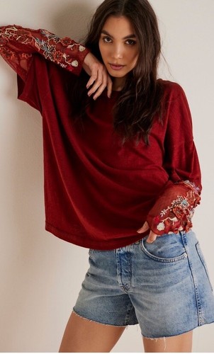 Футболка Free People Gardener с вышитым сетчатым кружевным топом с рукавами M