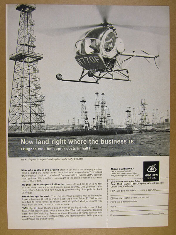1962 Hughes 269A Helicopter at oil field well derricks photo vintage print Ad